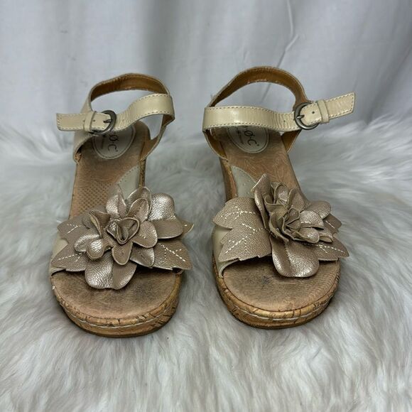 Born Champagne Floral Trim Leather Cork Platform Sandals Sz 7 - Picture 2 of 7